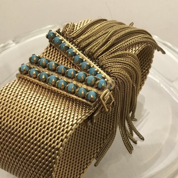 Vintage Christian Dior Gold Mesh Faux Turquoise Modernist Bracelet w/Fringe 60s - Picture 3 of 8